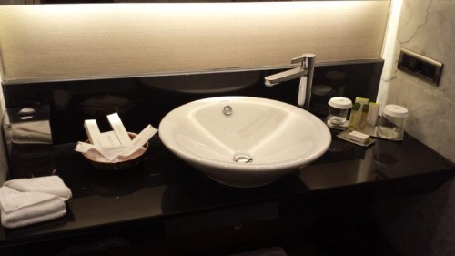 Bathroom sink and amenities.