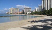 a beach with buildings and trees