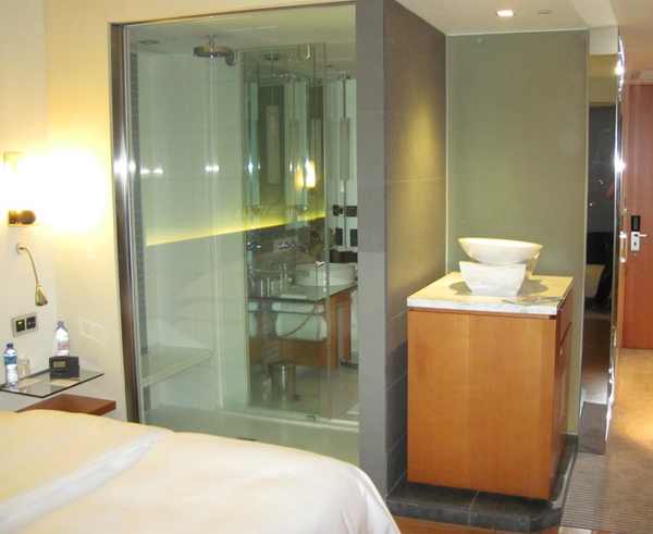 a bathroom with a glass shower