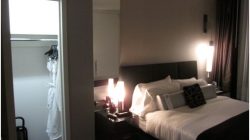 a bedroom with a bed and a closet