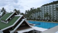a swimming pool next to a hotel