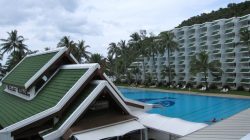 a swimming pool next to a hotel