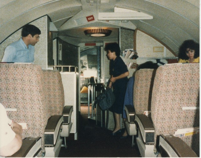 a man and woman standing in a plane