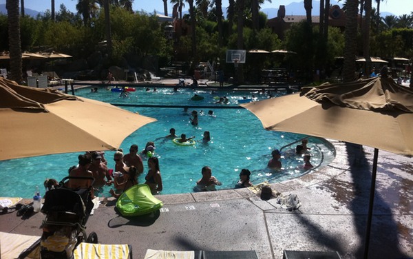 a group of people in a pool