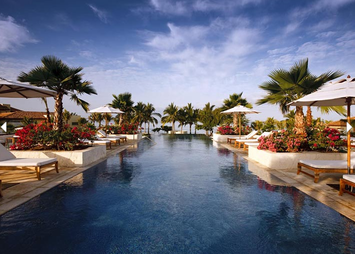a swimming pool with palm trees and chairs