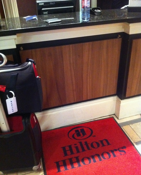 a red mat next to a counter