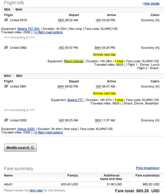 United flight search screenshot
