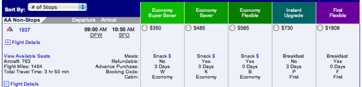 American Airlines Fare Class screenshor