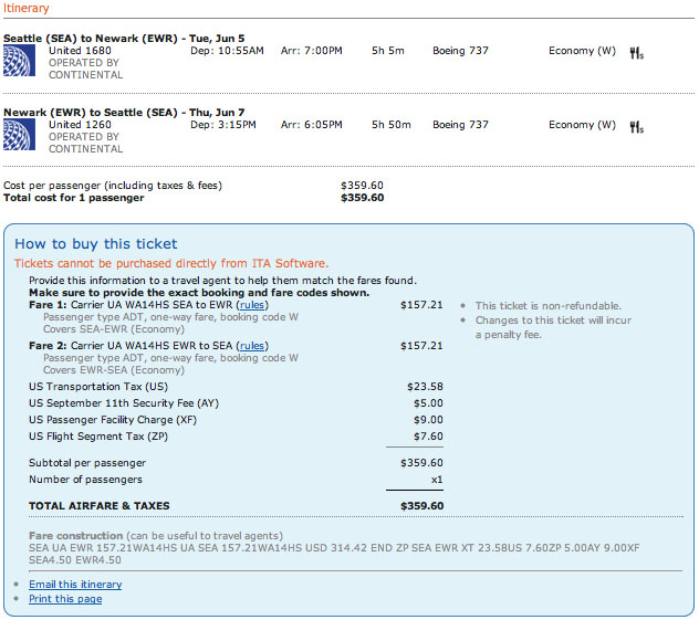 ITA itinerary screenshot