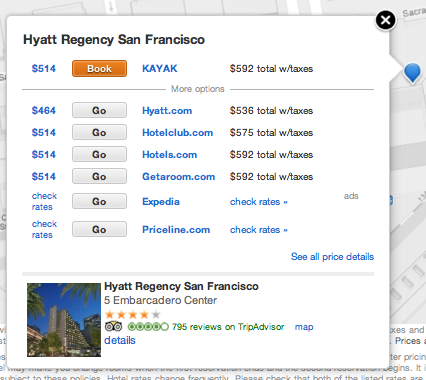 Kayak hotel search results screenshot