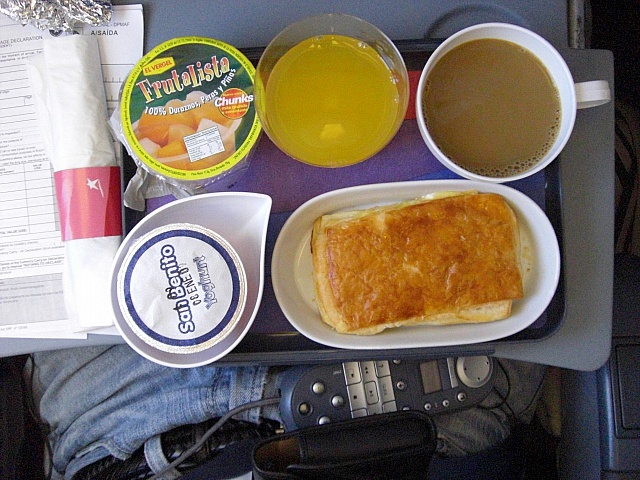 a tray of food and drinks