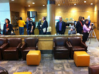 a group of people in a lobby