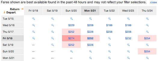 Kayak flexible dates search screenshot