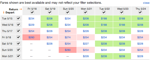 Kayak flexible dates flight search screenshot