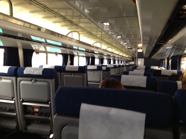 view of interior of Amtrak coach car