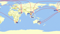 a map of the world with red lines