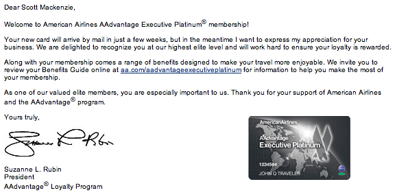 image of American Airlines EXP welcome letter