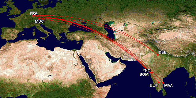 a map of the world with red lines