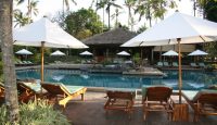 a pool with lounge chairs and umbrellas