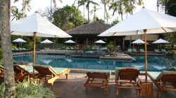 a pool with lounge chairs and umbrellas