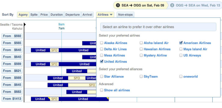 Hipmunk flight search results screenshot