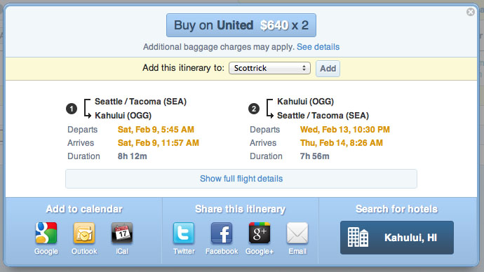 Hipmunk itinerary screenshot