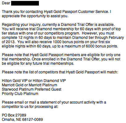 image of letter from Hyatt Gold Passport program