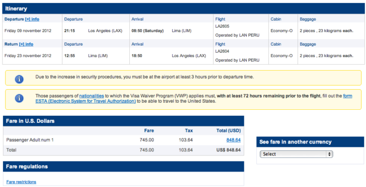 LAN flight purchase screenshot