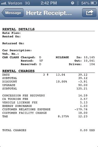 Hertz receipt screenshot