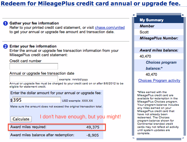 Mileage Plus fee redemption screenshot