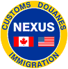 a blue circle with yellow text and a flag