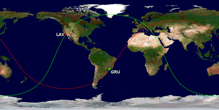 The green line signifies all parts of the world that are within 6155 miles away from Sau Paolo.The red line signifies all parts of the world that are within 6155 miles away from LAX.