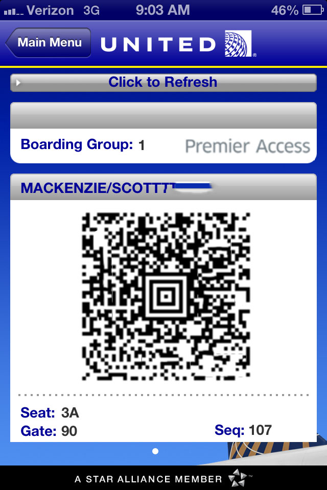 A boarding pass from a recent flight (the code has been corrupted).