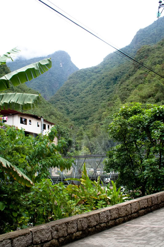 a bridge over a river in a valley with trees and mountains