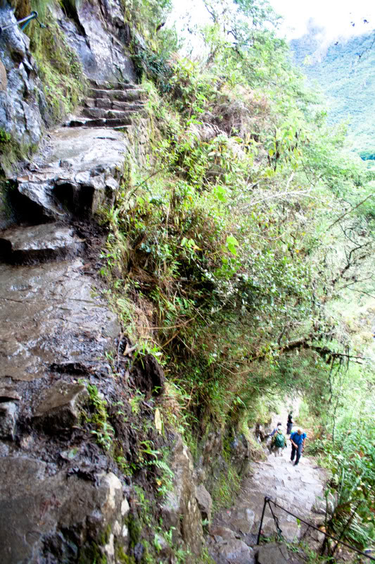 a group of people walking on a rocky path
