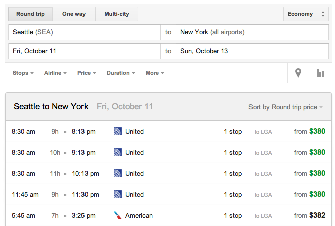 Google Flights - SEA to NYC
