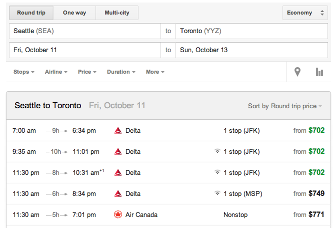 Google Flights - SEA to YYZ