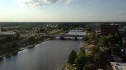 a river with a bridge and trees