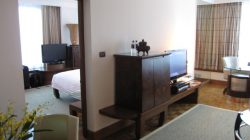 a room with a tv and a bed