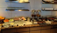 a buffet with food on it