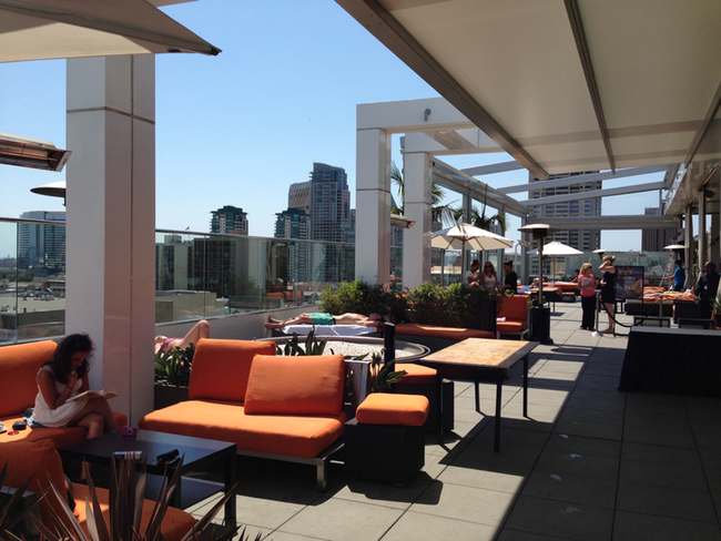 a group of people on a rooftop patio