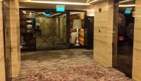 a room with a glass door