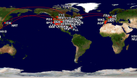 a map of the world with red lines