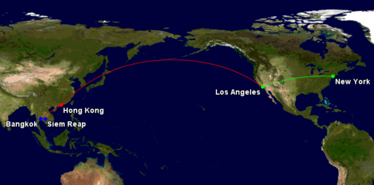 My return using 67,500 American miles - the airline gods were on my side with a 65-minute transit in Bangkok. I flew home to L.A. and have a free one-way in First Class to New York for later.