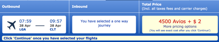 New York to Charlotte for 4,500 Avios + $2.50 in coach each way.