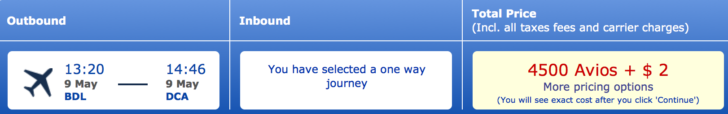 Hartford to Washington DC for 4,500 Avios + $2.50 one-way in coach.