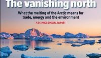 a magazine cover with icebergs in the water