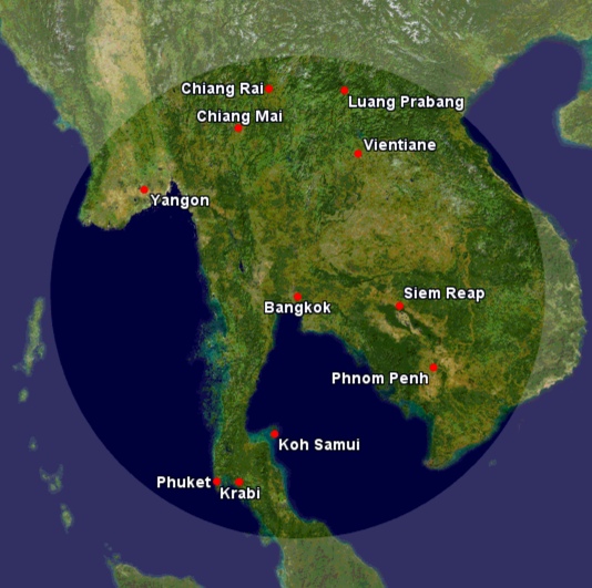 The circle is a 500-mile line drawn around Bangkok