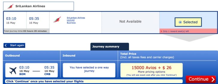 The reverse Mumbai-Colombo route in business costs 15,000 Avios + $23 in taxes.