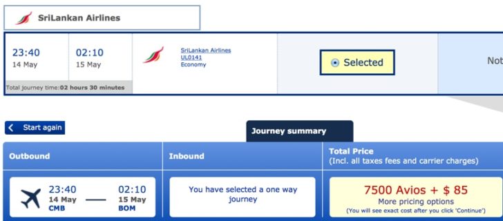 Colombo to Mumbai one-way in economy for 7500 Avios + $90 (paid fare = $200)